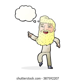 cartoon man with beard laughing and pointing with thought bubble