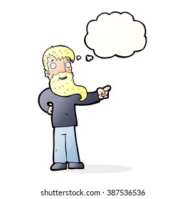 caricaturista con barba apuntando con burbuja de pensamiento