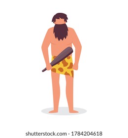 Cartoon man with beard wearing leopard fur and holding wooden bat isolated on white background. Prehistoric man - flat vector illustration.