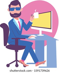 Cartoon man with beard,  wearing sun glasses and a blue suit, sitting in front of a desktop computer, holding a cup of hot coffee with a hand.  