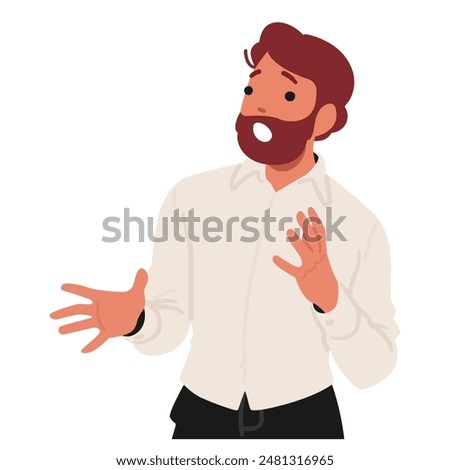 Cartoon Man With A Beard Wearing A White Shirt, Expressing Shock And Surprise. The Image Captures A Strong Emotion Of Astonishment Or Fear Of Male Character. Vector People Illustration