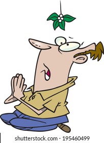 cartoon man begging under mistletoe