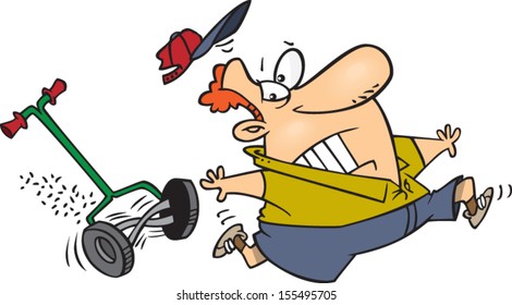 Cartoon Man Being Chased By A Push Lawn Mower