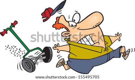 Cartoon man being chased by a push lawn mower