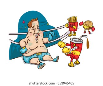 Cartoon Man Being Knocked Out By  Fast Food Cartoon Character, Vector Illustration   