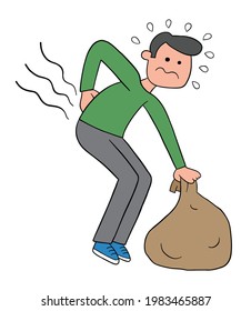 Cartoon man bends down to pick up the sack but his back hurts, vector illustration. Black outlined and colored.