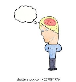 caricaturista con gran cerebro con burbuja de pensamiento