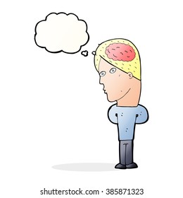caricaturista con gran cerebro con burbuja de pensamiento