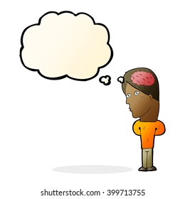 cartoon man with big brain with thought bubble
