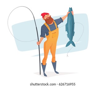 A cartoon man with a big fish in his hand. Vector illustration for rest on a fishing trip.