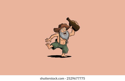 Cartoon man with a big hat running barefoot holding bottle.