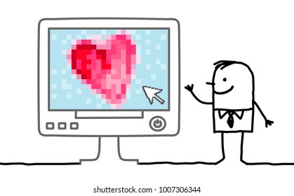 Cartoon Man with big Heart on Computer