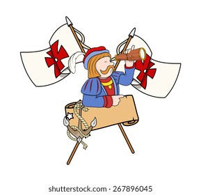 Cartoon Man with Binocular Isolated on Flags Banner