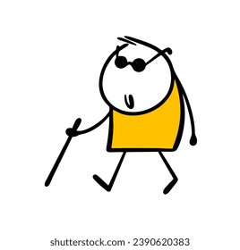 Cartoon man in black glasses, a blind man walking with a stick outdoor. Vector illustration of funny character, visually impaired. Isolated hand drawn character on white background.