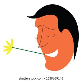 A cartoon of a man with black hair holding a yellow flower in his mouth vector color drawing or illustration