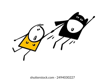 Cartoon man in  black mask and cape flies up into the sky and holds pretty girl  hand. Vector illustration of stickman rescues cartoon disgruntled woman. Isolated characters on white background.