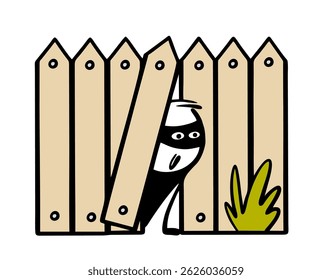Cartoon man in a black mask has found a hole in the fence and is looking out onto a private property. Vector illustration of a thief going to rob a house or apartment.