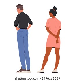 Cartoon Man In A Black Shirt And Blue Pants Stands With His Back Turned, Hands On Hips, Next To A Woman In Pink Dress Facing The Same Direction With Arms Behind Her Back. Both Are In A Relaxed Stance