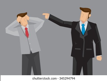 Cartoon man in black suit pointing index finger at stressed out employee in offensive manner. Vector cartoon illustration on criticism at work concept isolated on grey background.