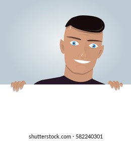 Cartoon man and blank paper for web site, user interface, mobile app. Peeking from top side of a white copy space.