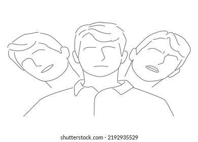 Cartoon Of Man With A Blank Stare Is Looking Directly Ahead As His Split Personalities Emit. One Line Art
