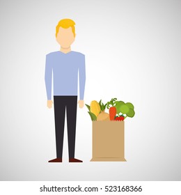 cartoon man blond with shop bag healthy food vector illustration eps 10