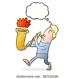 cartoon man blowing saxophone with thought bubble