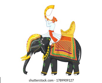 Cartoon Man Blowing Tutari Horn Sit On Decorative Elephant For Indian Celebration.