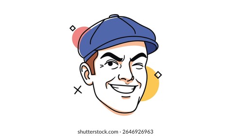 Um Homem de Desenho Animado com uma Tampa Azul Piscando e Sorrindo com Círculos Coloridos e Linhas Decoração