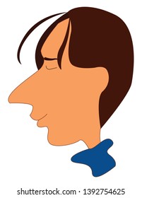 Cartoon man in a blue dress has a long  unpointed nose and few strands of hair floating in front of his forehead with his eyes closed looks happy  vector  color drawing or illustration