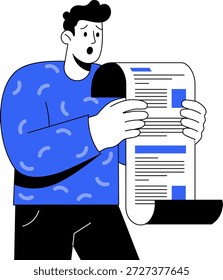 Hombre de dibujos animados en un suéter azul con estampado sostiene un documento, factura, cheque de impuestos, ojos abiertos y la boca abierta en shock. Ideal para ilustrar malas noticias, o información inesperada, pago de impuestos, aumento de Precios.