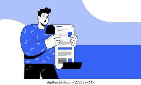 Hombre de dibujos animados en un suéter azul con estampado sostiene un documento, factura, cheque de impuestos, ojos abiertos y la boca abierta en shock. Ideal para ilustrar malas noticias, o información inesperada, pago de impuestos, aumento de Precios.