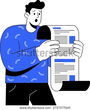 Cartoon man in a blue patterned sweater holds a document, bill, tax check, eyes wide and mouth open in shock. Ideal for illustrating bad news, or unexpected information, tax paying, rising prices.