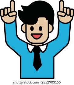 A cartoon man with a blue shirt and a black tie is holding up two fingers. He is smiling and he is happy