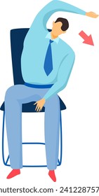 Cartoon man in blue shirt stretching arm, exercising at office. Office worker doing a simple stretch to relax while sitting. Workplace wellness vector illustration.