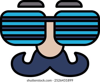 A cartoon man with a blue and white striped pair of sunglasses. The sunglasses are drawn in a way that they are not real, but rather a part of the man's face. The man has a mustache and a beard