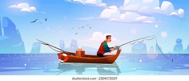 Cartoon man in boat fishing. Vector illustration of male character sitting in wooden vessel alone with rod and reel in hands, catching fish from lake water, rocks on horizon, blue sky with clouds