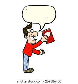 cartoon man with book with speech bubble