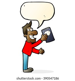 cartoon man with book with speech bubble
