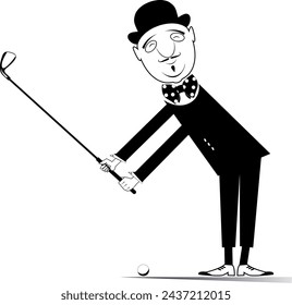 Cartoon man in the bowler hat plays golf. 
Cartoon gentleman in the bowler hat holds a golf club and trying to do a good shot. Black and white illustration
