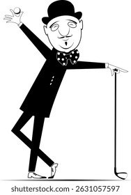 Cartoon man in the bowler hat plays golf. Gentleman in the bowler hat holds a golf club and trying to do a good shot. Black and white illustration