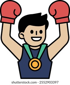 A cartoon man with a boxing glove and a gold medal. He is smiling and holding his glove up