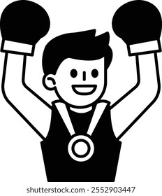 A cartoon man with a boxing glove and a medal