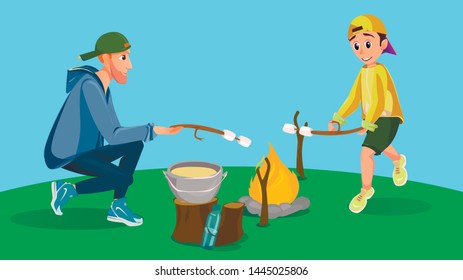 Cartoon Man and Boy Roast Marshmallow on Fire Vector Illustration. Family Picnic. Father Son Camping Together. Dad Kid Hold Candy Skewer on Bonfire. Forest Summer Camp. Vacation Travel