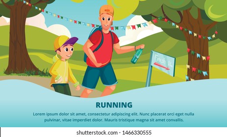 Cartoon Man and Boy Running on Track Outdoors. Nature Green Grass Field. Park Tree Finish Pointer. Training Outside Summer Day. Family Marathon Participant. Father Son Runner. Dad Child Training
