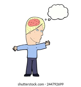 caricaturista con cerebro con burbuja de pensamiento