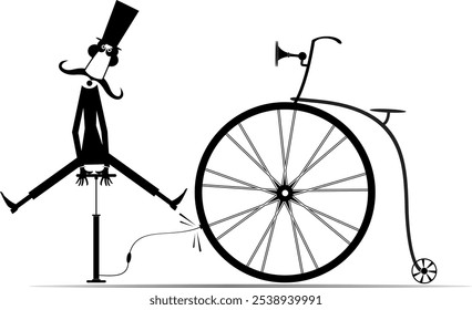 Cartoon man and a broken bicycle. Man in the top hat inflates the wheel of a retro bicycle.
Long moustaches gentleman in the top hat inflates the wheel of a retro bicycle. Cartoon man repairs the bicy