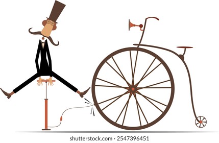 Cartoon man and a broken bicycle. Man in the top hat inflates the wheel of a retro bicycle. 
Long moustaches gentleman in the top hat inflates the wheel of a retro bicycle. Cartoon man repairs bicycle