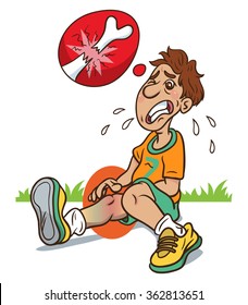 Cartoon Man with broken leg sitting on ground, vector illustration   