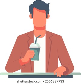 Cartoon man in a brown jacket holding cup of coffee. Flat vector illustration of man without face. Ideal for lifestyle and cozy-themed designs, the image captures a moment of relaxation and pleasure.